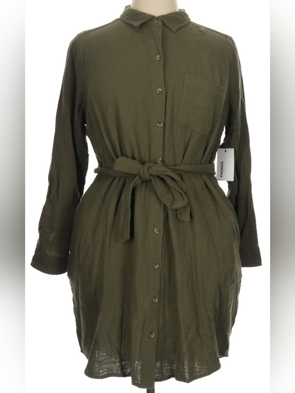 Nice Sonoma Olive Green Button-Front Waffle Long Sleeve Casual Shirt Dress, L! 🍁
